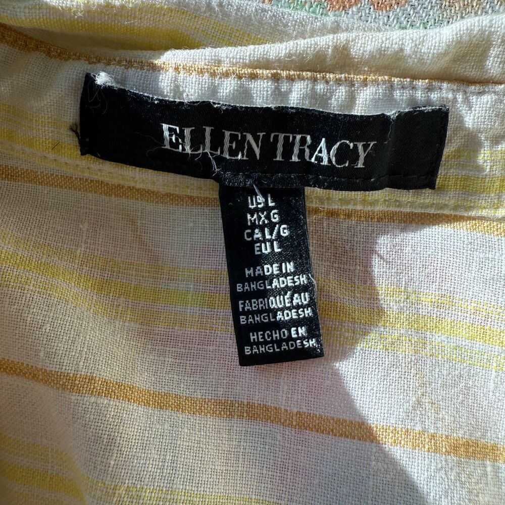 Ellen Tracy 100% Linen Boxy Striped Button Up Tie Front Retro Yellow Shirt L - Picture 3 of 4